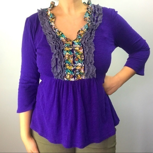 Anthropologie Deletta‎ Purple Floral Polka Dot Ruffle Neck